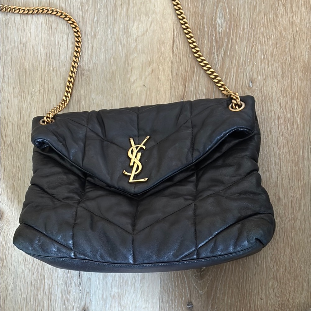 Yves Saint Laurent Dark Leather Puffer black Bag with Gold Chain